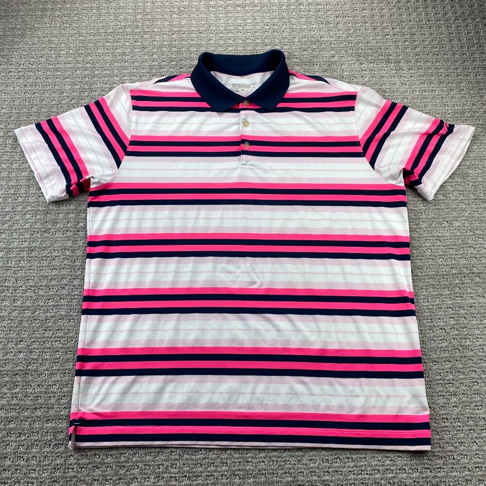 Nike Golf Shirt Men Extra Large XL Pink Navy Blue White Striped DRI-FIT Tour